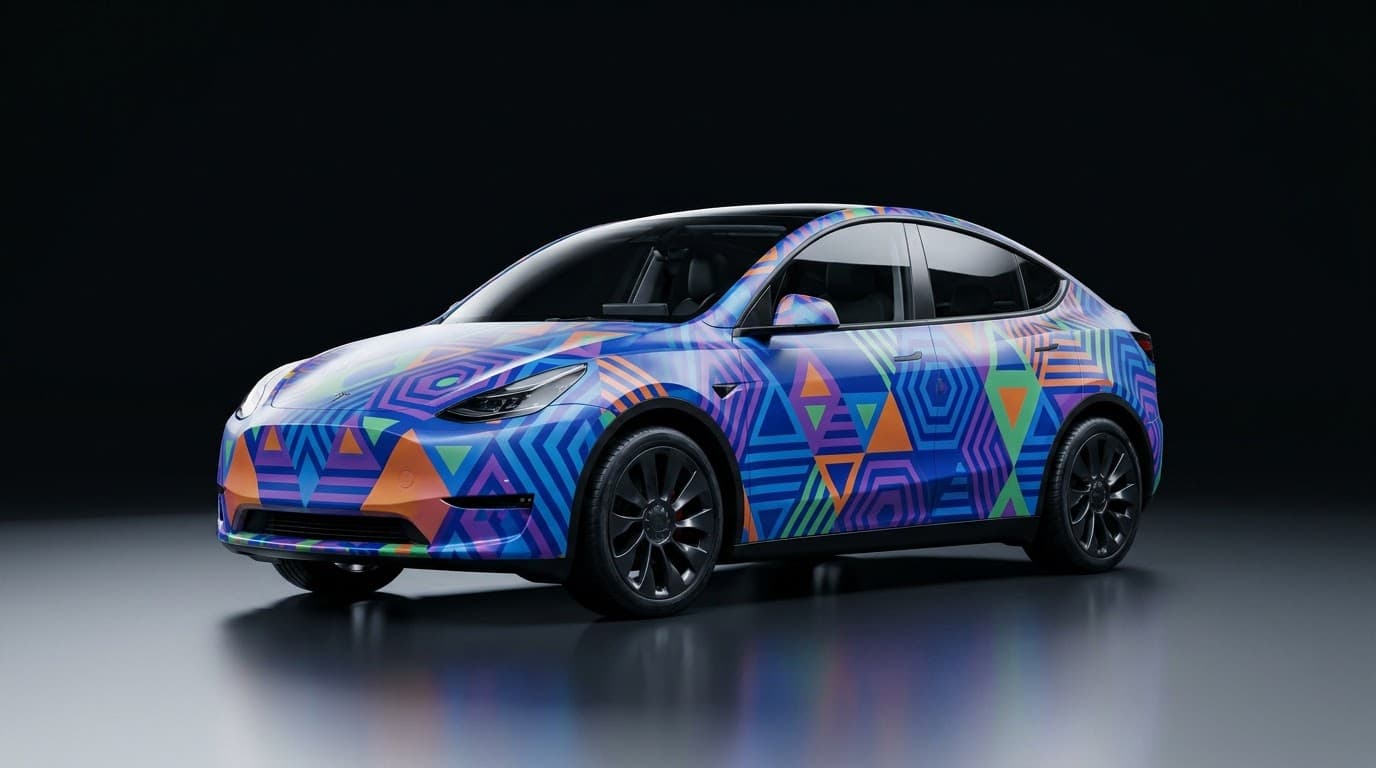 Tesla Model Y with a vibrant geometric custom wrap